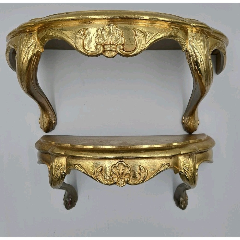 2 Vintage Florentine Style Ornate Gold Wall Hanging Shelf 1983 Burwood USA
